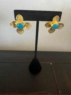 Gold Flower Stud Earrings with Turquoise Blue Center
